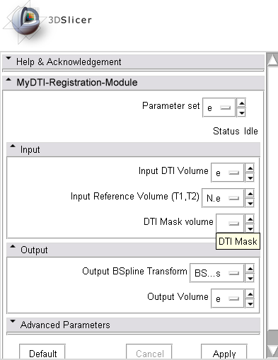 Example GUI of DTI registration module